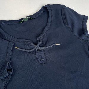 Lauren Ralph Lauren Top Blouse Women's Size Medium Blue‎ Tie Neck Cotton